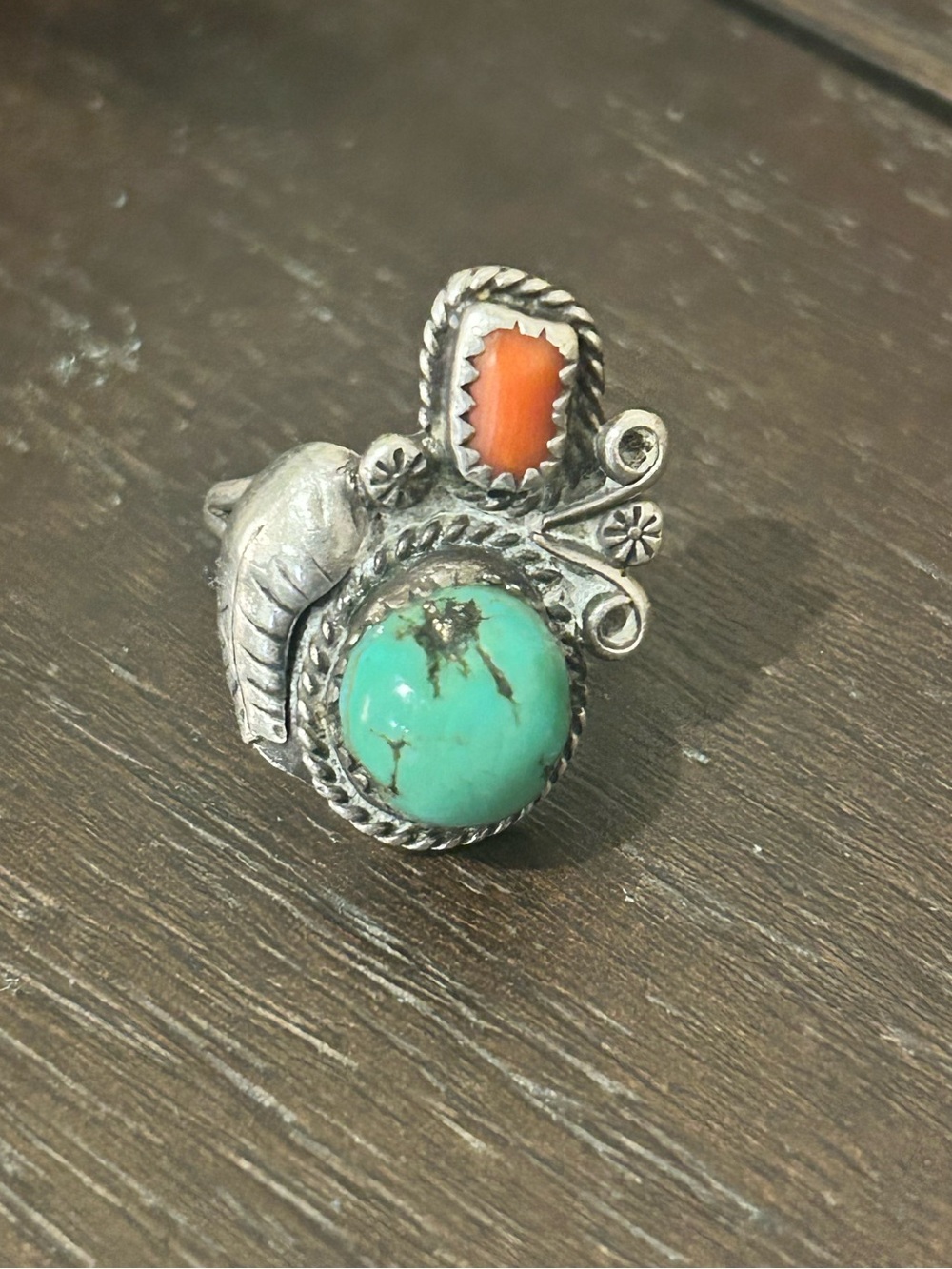 Sterling Silver Turquoise and Coral Statement Ring